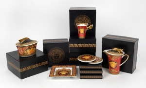 VERSACE ROSENTHAL Studio-line, "Medusa" pattern German porcelain coffee service comprising of 3 cups and saucers, milk jug, sugar basin, trinket plate and 6 coasters. In fine condition with original packaging, (15 pieces), the milk jug 14cm high.
