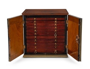 An antique Georgian desk top collector's cabinet with solid brass plinth moulded base fitted with four barrel roller castors. Veneered in walnut with chequered string inlay and brass carrying handles to the sides.&nbsp;Fitted with eleven graduated slides with 