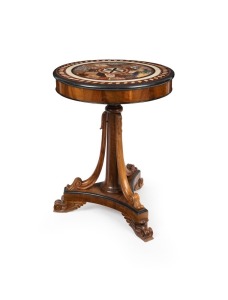 GRAND TOUR&nbsp;antique English William IV mahogany occasional table with central tapered column&nbsp;flanked by acanthus and scroll carved supports terminating on a triform base with ebonised mouldings and acanthus scroll feet. Fine quality Italian specimen&nbsp;hard s