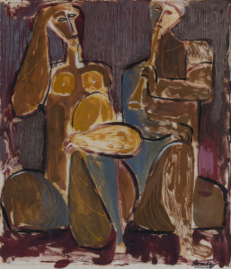 JOSEPH GREENBERG (1923 - 2007) The musician and his muse, acrylic on board, signed, dated '67 and endorsed "LONDON" at lower right, 37 x 32cm.