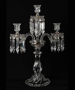 BACCARAT antique French three light candelabra with spiral gadrooned&nbsp;design stand decorated with crystal drop lustres, circa 1900, 55cm high, 38cm wide