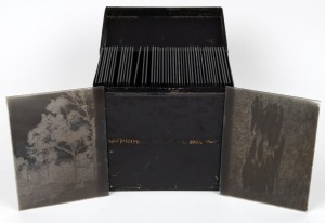 Group of forty-six c. 1900s 163 x 120mm glass plate negatives in metal box, featuring views of Australian bushland, country homes, canvas tents, churches, horses, farming, etc.&nbsp;(46 items)