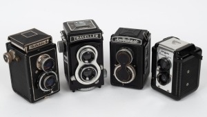 VARIOUS MANUFACTURERS: Four mid-20th century TLR cameras - one Argus Seventy-Five, one Gomz Lubitel with lens cap, one Hong Kong-made Traveller, and one Welta Reflekta II. (4 cameras)