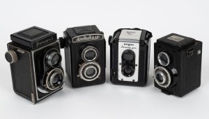 VARIOUS MANUFACTURERS: Four mid-20th century TLR cameras - one Argus Seventy-Five, one Gomz Lubitel, one Meopta Flexaret II, and one Olbia Olbia. (4 cameras)