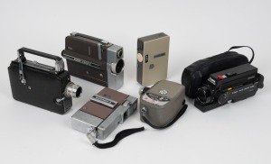 VARIOUS MANUFACTURERS: Group of six movie cameras - one c. 1930s Kodak Magazine Cin&eacute;-Kodak, one c. 1958 Mamiya-8JE, one c. 1960 Nippon Kogaku Nikkorex-8, one c. 1960s Nippon Kogaku Nikon-Zoom 8, one c. 1961 Ricoh Ricohmite 88E, and one c. 1972 Canon Auto 