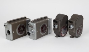 BELL & HOWELL: Four c. 1940s movie cameras - one Auto Load 16mm with two lenses and one Auto Load 16mm body, together with two Sportster Double Run Eight models with differing colour details. (4 movie cameras)