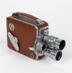 KEYSTONE: Olympic K-35 8mm movie camera, c. 1955, with three-lens turret and one lens filter.