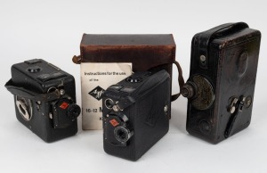 AGFA: Three c. 1930s 16mm movie cameras - one Cine Ansco Model A, one Movex 16-12L, and one Movex 16-12L in matching leather case with instruction booklet.&nbsp;(3 movie cameras)