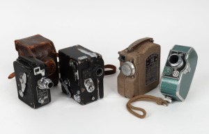 VARIOUS MANUFACTURERS: Group of four 8mm or 9.5mm movie cameras - one Bauer 88C with wrist strap, one Ercsam Camex with lens cap, one Nippon Eigaki Excel Model E with matching leather case, and one Austrian-made model. (4 movie cameras)