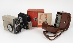 EUMIG: Group of three movie cameras - one Eumig C3 in gray with matching leather case, one Eumig C6, and one Eumig C39 in maker's box with instruction booklet. (3 movie cameras)