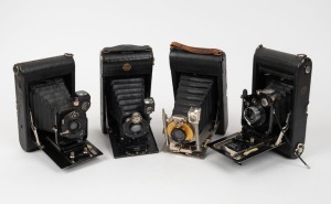 VARIOUS MANUFACTURERS: Group of four c. 1920s vertical-folding cameras - one Thornton Pickard Ruby, one Butcher & Son Carbine with shutter release cable, one&nbsp;Ica model, and one anonymous model. (4 cameras)