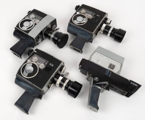 BOLEX-PAILLARD: Four c. 1960s 8mm movie cameras - one Zoom Reflex Automatic with lens hood, one Zoom Reflex Automatic with lens hood and alternate front plate, one Bolex S1 with lens cap, and one Bolex 155 Super. (4 movie cameras)