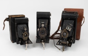 KODAK: Three c. 1910s vertical-folding cameras - one No. 1A Autographic Kodak with shutter release cable and matching case, one No. 2 Folding Autographic Brownie with matching case, and one No. 2A Folding Autographic Brownie. (3 cameras)