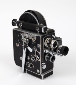 BOLEX-PAILLARD: H8S&nbsp;double-8 movie camera, c. 1947, with three lenses and two viewfinder attachments.