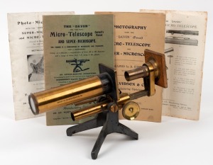 F. DAVIDSON & CO.: "Davon&nbsp;Micro-Telescope" brass combination microscope/telescope apparatus,&nbsp;19th century, with four original instruction booklets/pamphlets.
