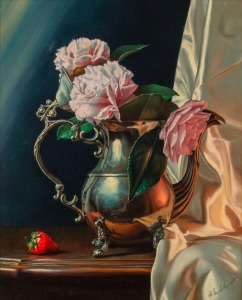 ALEKSEI&nbsp;LEONIDOVICH&nbsp;ANTONOV&nbsp;(b.1957), Silver, Silk and Peonies, oil on canvas, signed lower right, titled verso, 50 x 40cm; framed 76 x 66cm. Purchased from Classic Art Gallery, California, with their certificate and valuation.