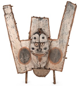 Canoe prow shield, carved wood, fibre and bark with ochre finish, Tambanum village, East Sepik Province, Papua New Guinea, circa 1960, ​98cm high, 85cm wide