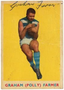 1963 Scanlens "Footballers" No.12 Graham 'Polly' Farmer (Geelong), signed by Graham Farmer at top. Fair/G.