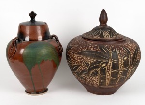 Two large brown ceramic lidded pots, one signed "WILLIAM BELL, '89", ​​​​​​​40cm and 41cm high