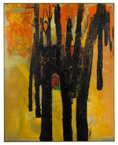 ARTIST UNKNOWN, (abstract landscape in orange and black) acrylic on board, signed lower right (illegible), purported to have been purchased from Christie's Auction, London, in the 1980's, 156 x 124cm overall