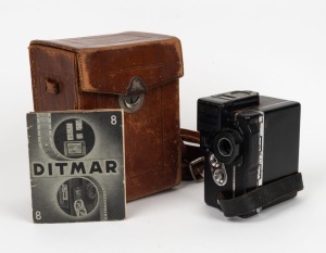 DITMAR WIEN: Ditmar 2290 9.5mm movie camera, c. 1938, with Berthiot Paris Cinor Special 12.5mm f1.8 lens [#303426], instruction booklet, and leather case.