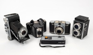 VARIOUS MANUFACTURERS: Diverse group of five cameras - one c. 1938 Acma Sportshot Senior Twenty, one c. 1950 Agfa Billy Record II, one c. 1951 Braun Carl Paxina&nbsp;IIb, one c. 1955 Riken Ricohflex Model VII S, and one c. 1975 Canon 110 ED. (5 cameras)