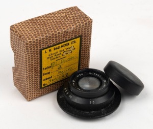 DALLMEYER: Rigid-mount Dalmac 2" f3.5 lens [#518827] with lens cap, fitting flange, and maker's box.