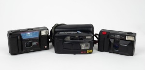 VARIOUS MANUFACTURERS: Three c. 1980s compact cameras - one Chinon 35F-II, one Ricoh AF-77 Panorama with maker's leather pouch, and one Yashica Kyocera T AF. (3 cameras)
