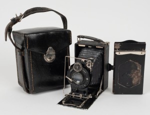 NAGEL: Anca No. 14 6.5 x 9cm plate folding camera, c. 1928, with Nagel-Anastigmat 105mm f4.5 lens, additional film back, shutter release cable, and leather case.