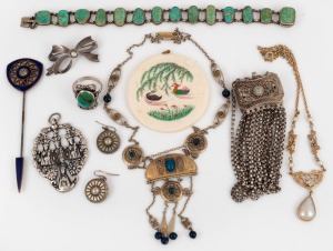 Silver and green faience bracelet, a vintage silver and turquoise ring, a circular Chinese ivory pendant, a silver bracelet with filigree clasp, a gilt silver and freshwater pearl necklace, silver earrings, silver bow brooch, silver pendant, enamel and gi