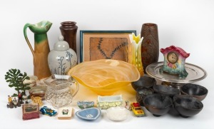 REMAINS OF COLLECTION: Rustic pottery bowls, wooden vase, ceramic vases, glass bowl and vase, porcelain ornaments, toy cards, glass jug, onyx bowls, picture etc., (qty).