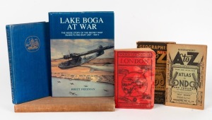 1930s-50s illustrated guides to London with folding maps, (3); "Australia for the Visitor" (1956); "Artist's Model" by Everard (1951, 1st edition); and "Lake Boga at War" by Freeman (signed by the author). (6 items).