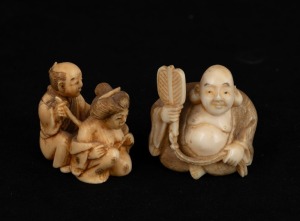 Two Japanese carved ivory netsukes, one of a man holding a fan, the other a risqu&eacute; bathing couple, 19th/20th century, ​​​​​​​the larger 4cm high