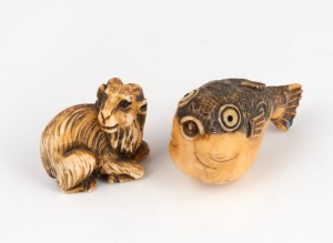 Two Japanese carved ivory netsukes&nbsp;of a puffer fish and a ram, 19th/20th century, the fish 5cm long