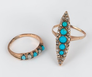 An antique 9ct gold ring of elongated marquis form, set with a row of five graduated turquoise surrounded by old fashion rose cut diamonds, 19th century; together with an antique 9ct gold ring, set with a single row of turquoise interspersed with seed pea