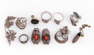 Four assorted vintage silver rings, silver shoe charm, silver fairy pendant on chain, a silver earring, a pair of silver and polished carnelian trinkets, and an antique 9ct gold mounted black hard stone cameo earring, 19th/20th century, (10 items)