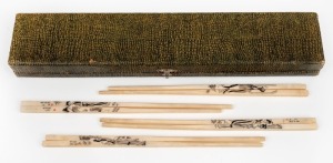 A set of four pairs of vintage Chinese carved ivory chopsticks with engraved decoration, housed in original box, early to mid 20th century, ​​​​​​​the box 29cm wide