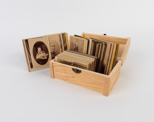 Seventy-nine cartes-de-visite, all issued by Australian photographers such as J. Stevenson, J. P. Carolin, Charles Collins, Tuttle & Co., James Uren, and J. Audet, mainly produced in&nbsp;Kyneton, Grafton,&nbsp;Ballarat, and surrounds, in balsa wood box.&nbsp;(79 items)