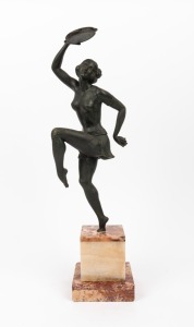 An Art Deco cast spelter statue of a dancing lady, mounted on a rouge marble and onyx plinth, circa 1930, 49cm high