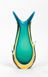 A Murano green and amber sommerso glass beak vase, 20th century, 22cm high