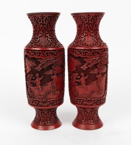 A pair of Chinese cinnabar lacquer vases with blue interior, 19th/20th century, 25cm high