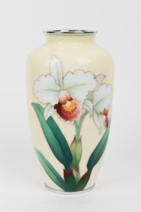 A vintage Japanese cloisonne vase on ivory cream ground with orchid decoration, mid 20th century, 22cm high