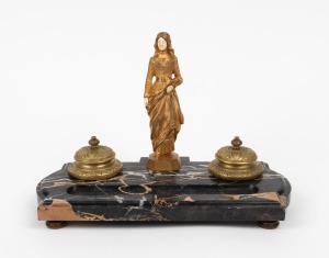 An antique marble desk set with gilt bronze and carved ivory adornment and gilt metal ink pots, early 20th century, 19cm high, 29cm wide
