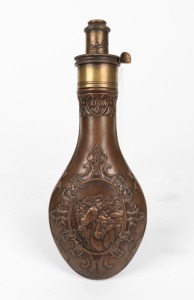 An antique copper and brass powder flask with repousse horse decoration, 21cm long