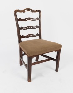 An English Geo III mahogany ladder back side chair with pierced scroll back splats, single corner reeded legs with ogee moulded brackets united by a D moulded stretcher. Circa 1780. Good colour and original finish. 96cm high, 58cm across the seat.&nbsp;