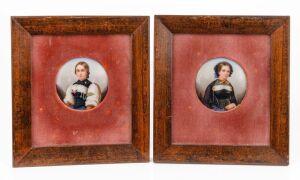 A pair of hand-painted Continental circular porcelain portrait plaques of young ladies, most likely German, possibly K.P.M., 19th century, the plaques 6cm diameter, frames 16 x 14.5cm each overall.