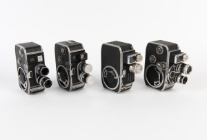 BOLEX-PAILLARD: Four c. 1950s double-8 movie cameras - one B8 with two lenses, one B8 with two lenses and caps, one C8SL with one lens and cap, and one D8L with two lenses.&nbsp;(4 movie cameras)