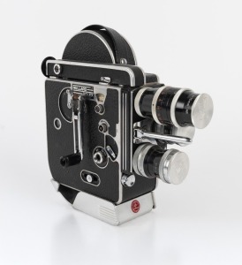 BOLEX-PAILLARD: H16 Reflex 16mm movie camera [#130238], c. 1957, with Yvar 75mm f2.8/Switar 25mm f1.4/Switar 10mm f1.6&nbsp;lenses, three lens caps, viewfinder, and base adapter attachment.