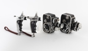 BOLEX-PAILLARD: Two c. 1958 double-8 movie cameras, both with pistol-grip attachment, wrist strap, and all lens caps present - one D8L&nbsp;and one B8.&nbsp;(2 movie cameras)