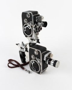 BOLEX-PAILLARD: Two c. 1950s double-8 movie cameras, both with pistol-grip attachment and wrist strap - one C8L&nbsp;and one D8L.&nbsp;(2 movie cameras)